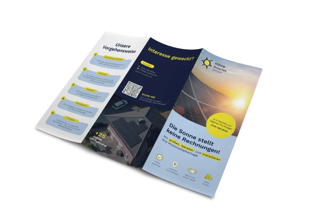 Flyer für Kühne Solartec – gestaltet von der Colbec GmbH mit klarer Struktur und sonnigem Design